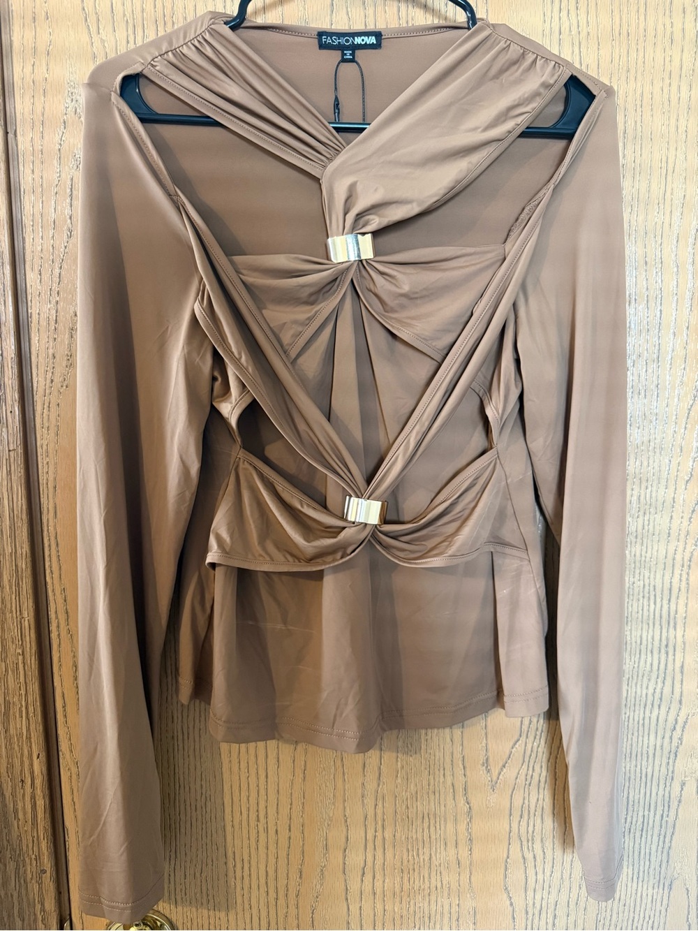 Fashion Nova Taupe Twist Long Sleeve Blouse with Metal Accents